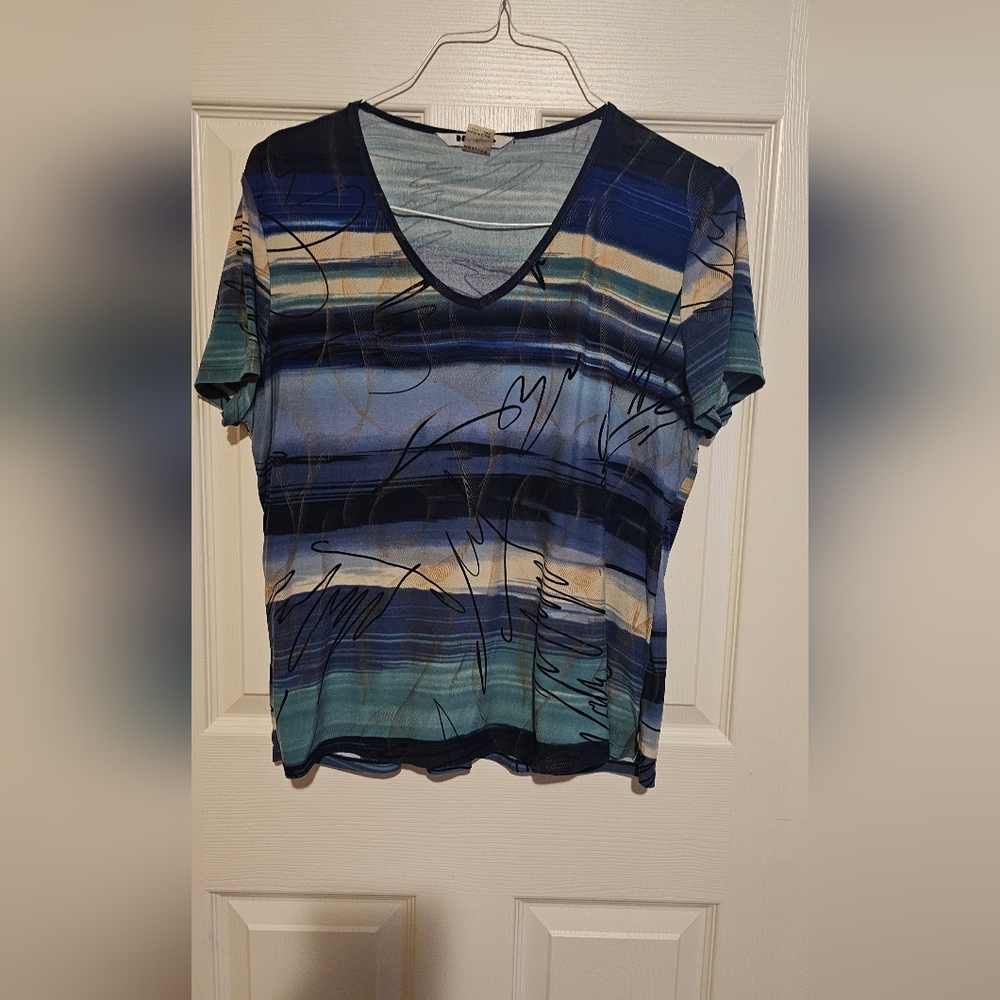 Nygard Collection Navy, Cream, & Teal V-neck  Women's Top Sz LP
